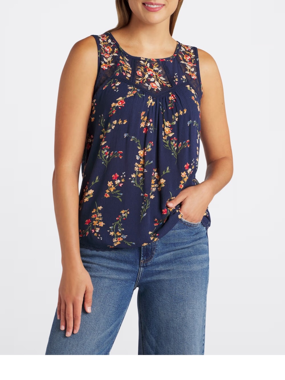 Navy Floral Sleeveless Tank Top